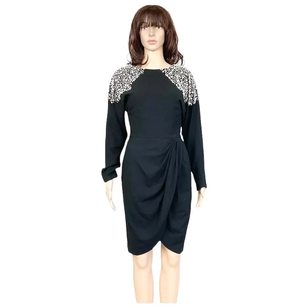 Lillie Rubin Vintage Black with pearls decor ruched cocktail midi dress 4